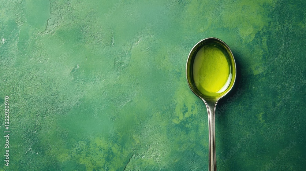 Poster healthy avocado oil in a spoon against a textured green background with ample space for branding or 