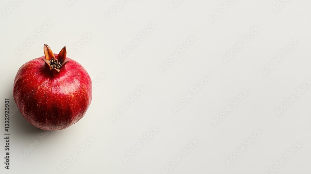 Poster fresh ripe pomegranate on a minimalist white background with ample space for text or branding, ideal