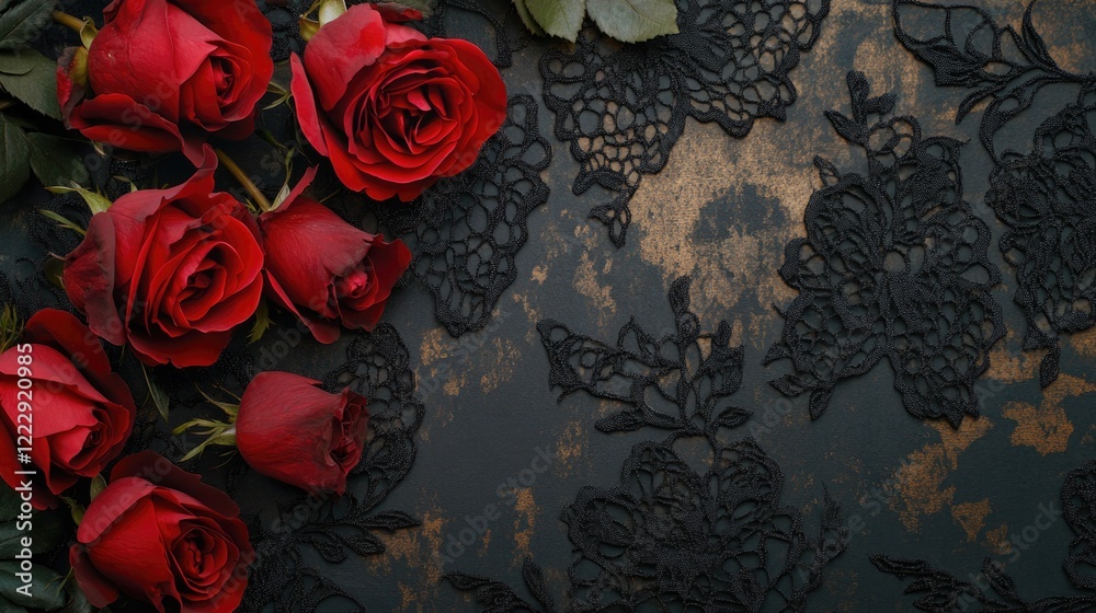 Poster elegant red roses with delicate black lace on a rustic table creating a romantic backdrop with ample