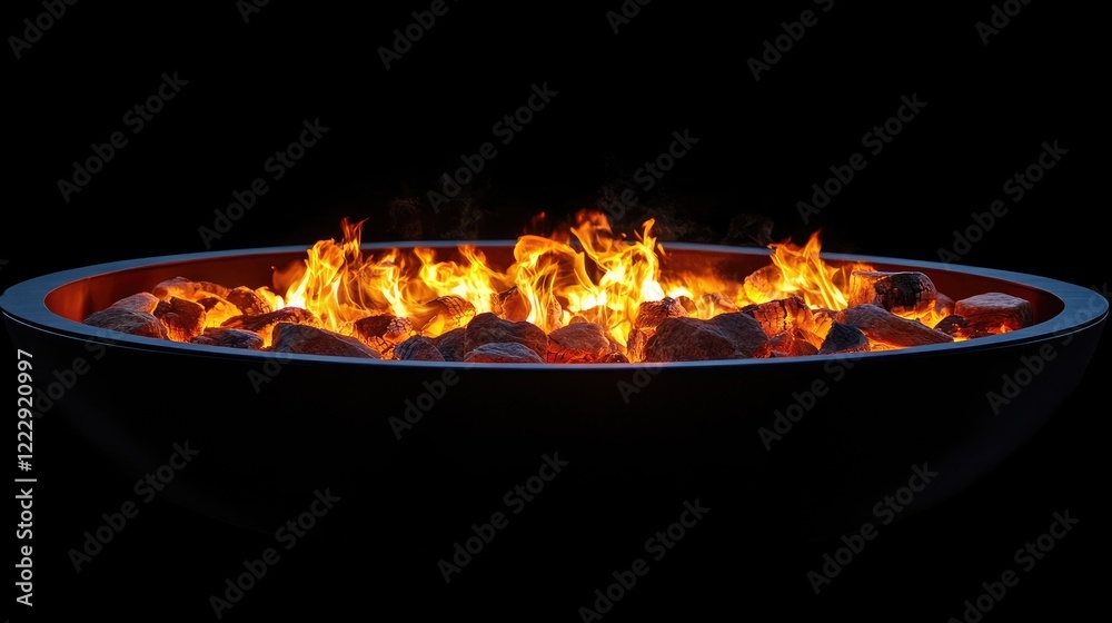 Poster glowing firepit close-up creating a cozy romantic atmosphere with warm flames and empty space for te