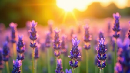 Obraz premium Golden Hour Lavender Field Serenity A Close-Up View of Blooming Purple Flowers at Sunset