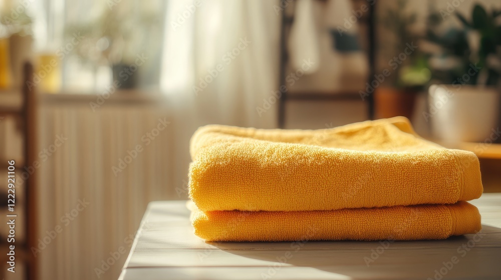 Poster Bright close-up of a folded yellow towel on a table in a sunlit room with ample copy space for text or branding display.