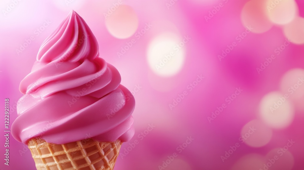 Poster close up of delicious ice cream cone topped with vibrant pink creamy swirl against a soft blurred pi