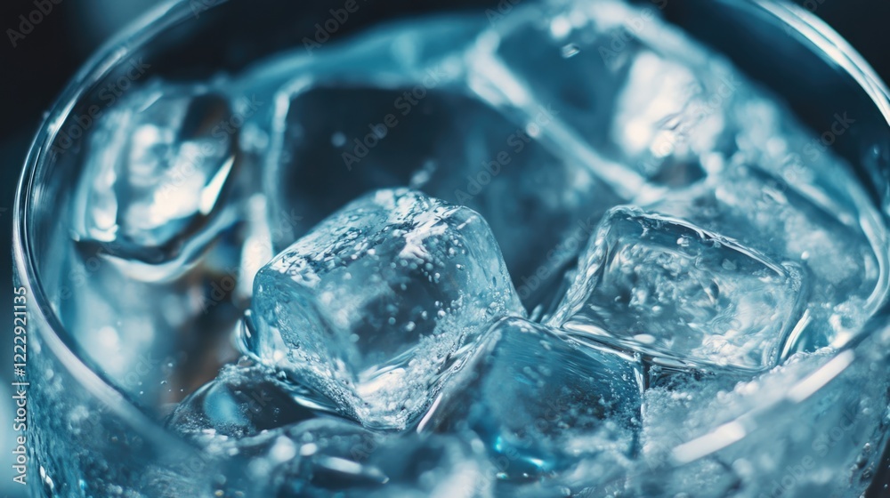 Poster Close up of Refreshing Ice Cubes in a Glass with Sparkling Beverage and Empty Space for Creative Text or Branding