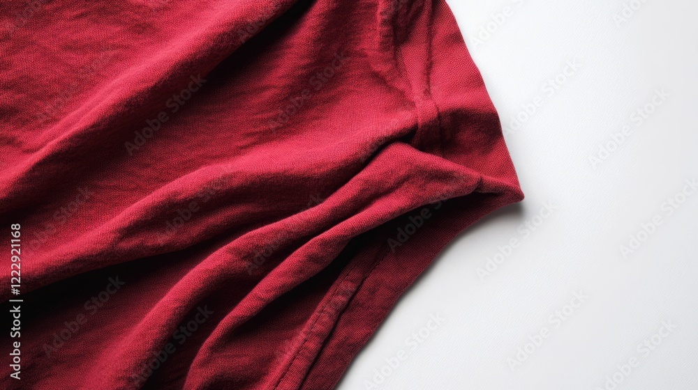 Poster Close up of soft red cotton t shirt fabric on white background with ample empty space for text or branding display purposes