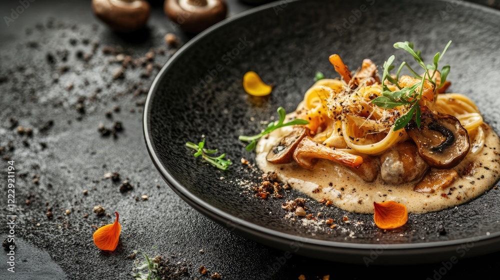 Aufkleber gourmet mushroom pasta dish in creamy sauce with artistic presentation and empty space for text on d