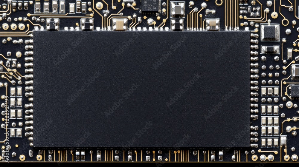 Poster close up of a black circuit board with intricate details and empty area for customization or text pl