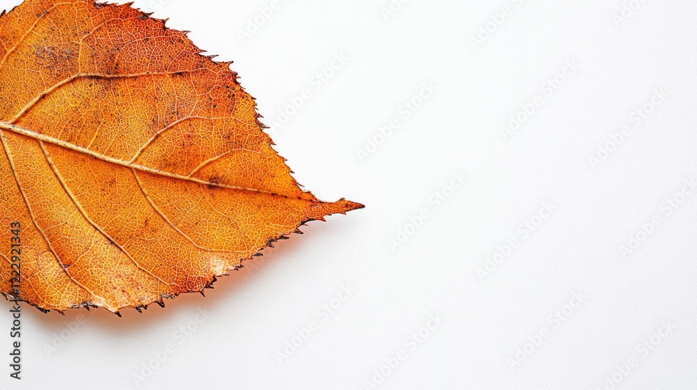 Poster close up of an autumn leaf on a white background showcasing vibrant colors with ample copy space for
