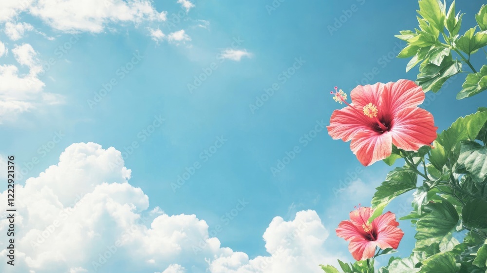 Poster vibrant hibiscus flowers under a clear blue sky with fluffy clouds and ample space for text or desig