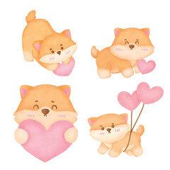 Set of Cute Watercolor Shiba Inu with Heart