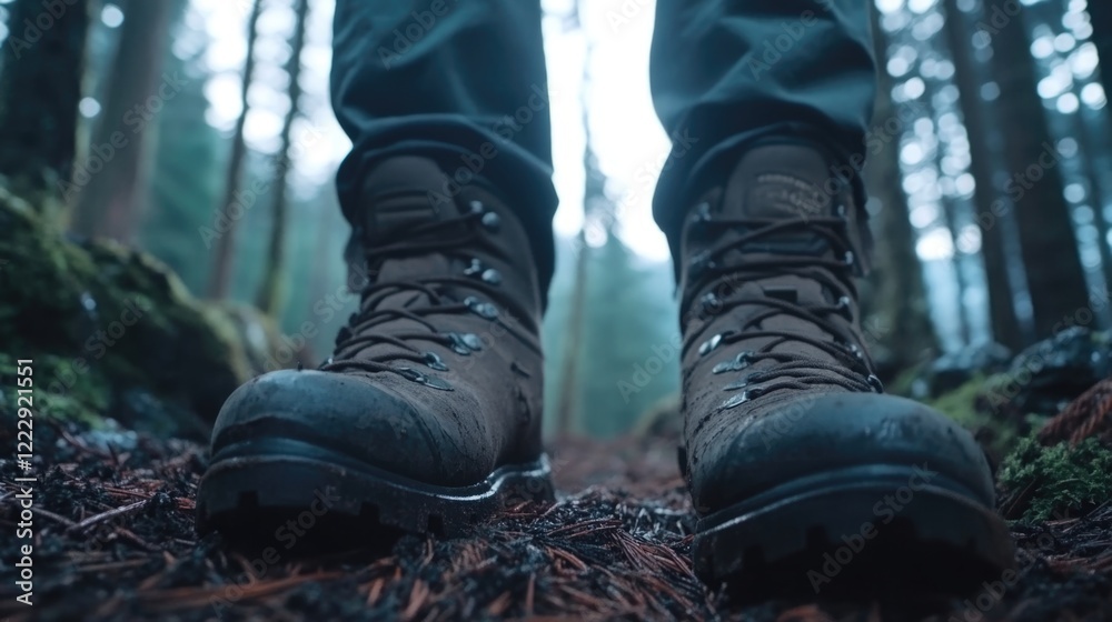 Poster close up of hiking boots on a trail in a dense forest with natural surroundings and ample space for 