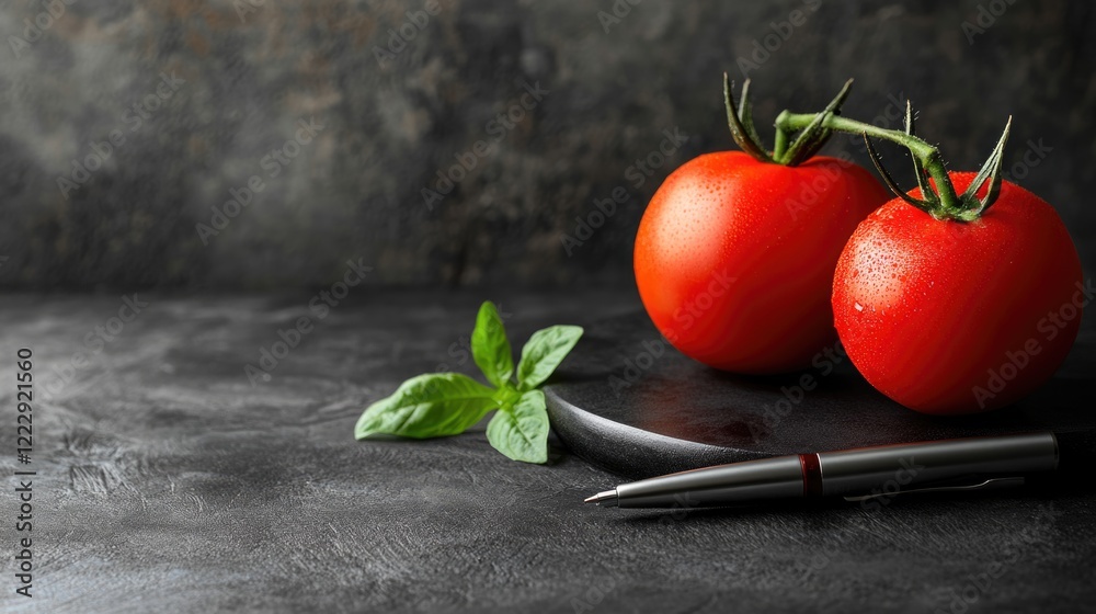 Poster fresh tomatoes with basil leaves and a sleek pen on a dark textured surface ideal for culinary or ga