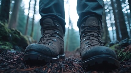 Close up of hiking boots on a trail in a dense forest with natural surroundings and ample space for text or promotional content