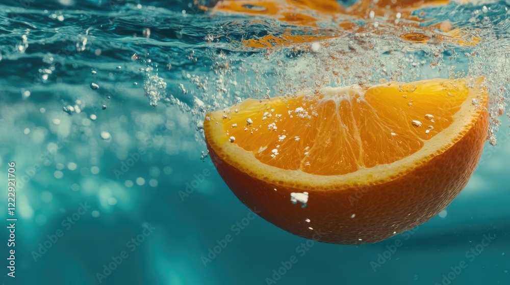 Poster Half orange submerged in clear water with splashing droplets and ample space for text overlay in a vibrant aquatic setting