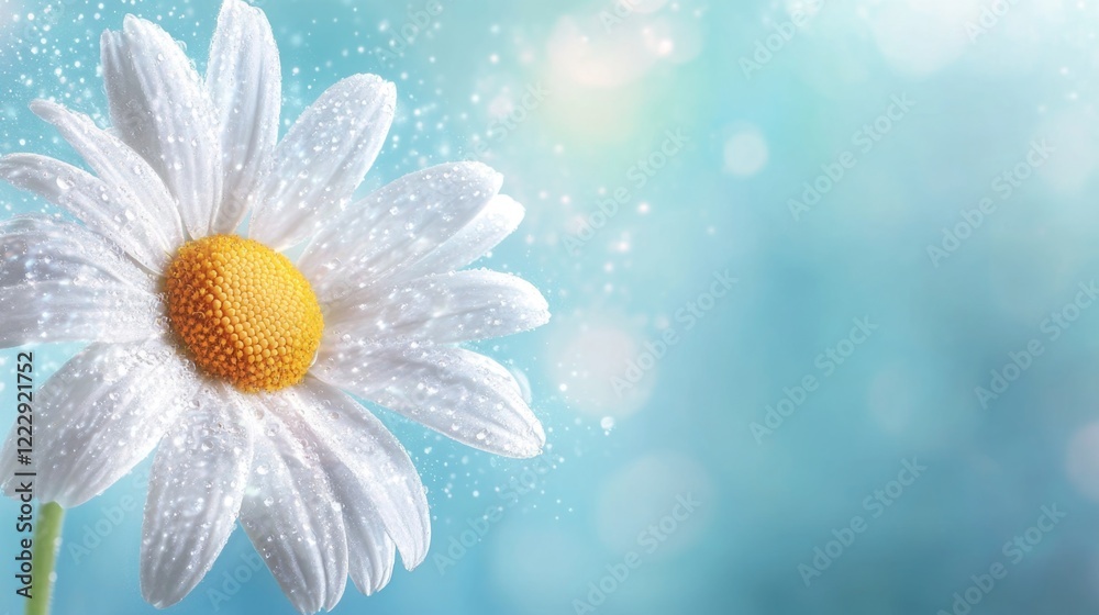 Poster Close up of a white daisy flower with dew drops on petals against a soft blue background creating space for text or design elements