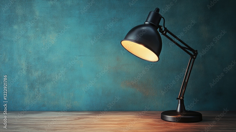 Poster elegant desk lamp casting a soft glow on wooden surface with textured teal background perfect for ad