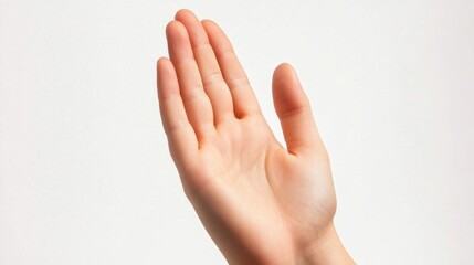 Human hand raised in prayer gesture against a neutral background with ample space for text or message insertion.