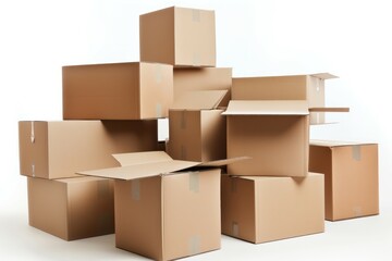 Stack of brown cardboard boxes for moving day with stuff indoors. High definition photo