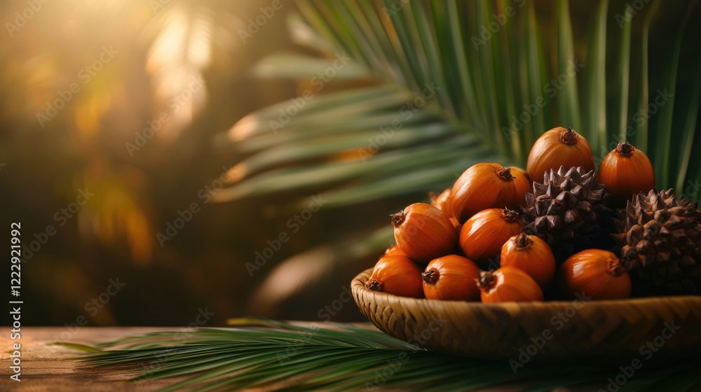 Aufkleber close up of ripe palm oil fruits on woven plate with palm leaves and sunlight creating a warm tropic