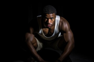 Fototapeta premium African American Man Squatting in the Dark with a Glance of Fashion and Style
