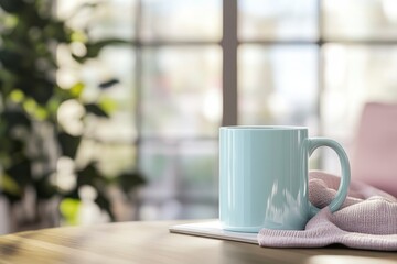 Fototapeta premium Light Blue Coffee Mug on Table with Soft Blanket and Natural Light