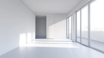 Fototapeta premium Modern Minimalist Living Room with White and Grey Color Scheme and Abundant Natural Light for Text Insert