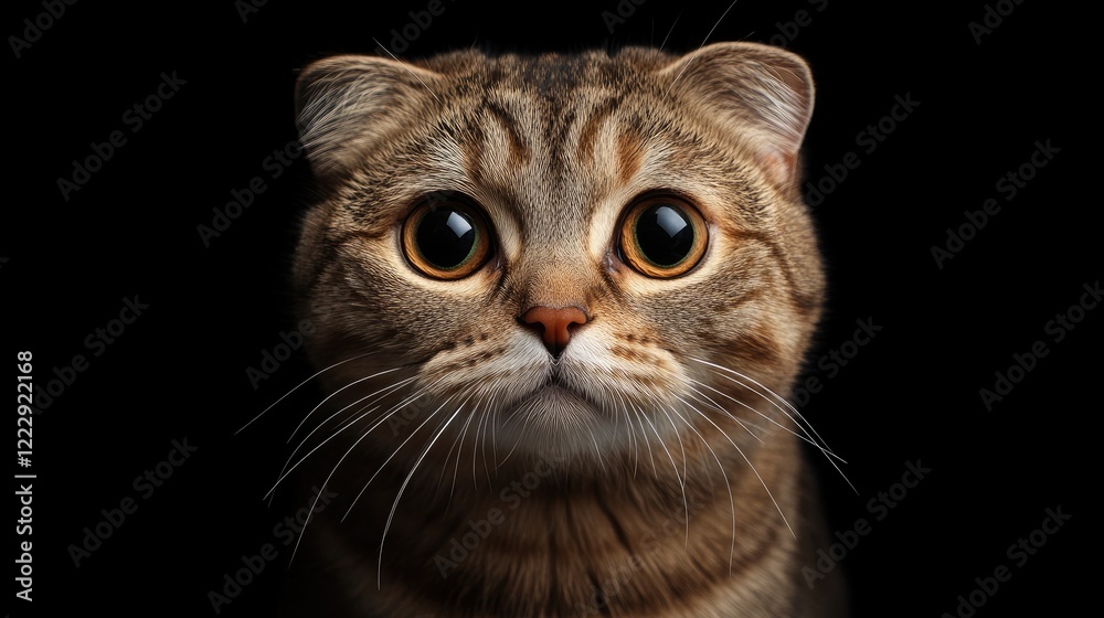 Poster Close up of a curious cat with large expressive eyes and a distinct nose set against a dark background with space for text or graphics