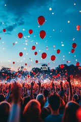 Celebrations Under the Night Sky Crowd Enjoys Party with Red Balloons and Festive Atmosphere