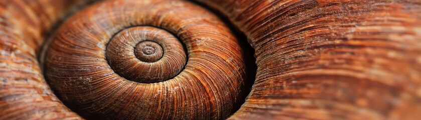 Close-up view of a brown snail shell showcasing intricate spiral patterns.
