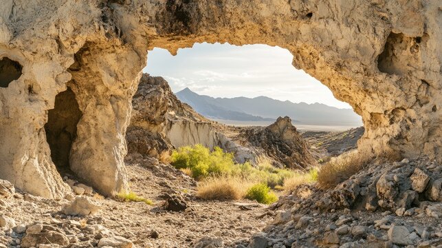 Natural arches framed by eroded rock formations under a clear sky with distant mountains in a serene desert landscape.