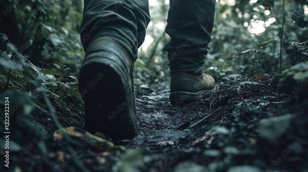 Poster close up of hiker's boots on a muddy trail in a lush mountain forest with natural greenery and space