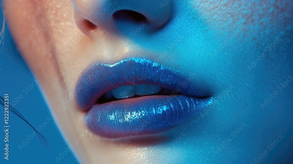 Poster close up of a person's blue lips against a soft blue backdrop highlighting skin texture with ample s