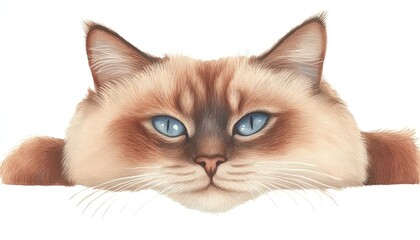 Close-up of a fluffy cat's face with striking blue eyes peeking over a surface, showcasing its playful demeanor