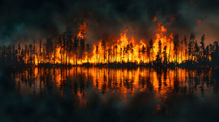 Obraz premium Wildfire erupts forest region dramatic nature scene nighttime frightening concept