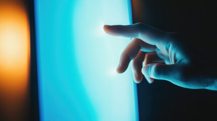 Hand reaching towards a glowing computer screen with vibrant colors and blank space for digital content or advertising text