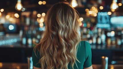 A woman with beautiful wavy hair sits at a bar, illuminated by soft lights, creating a warm and inviting atmosphere suited for chic social scenes and gatherings.