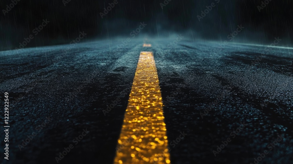 Poster close up of heavy rain on a dark asphalt road with a reflective yellow line and empty space for text