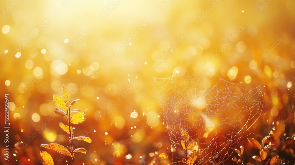 Poster close up of delicate cobweb glistening in autumn sunlight amidst colorful foliage with bokeh backgro