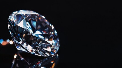 Close up of a sparkling diamond ring on a black background highlighting its brilliance and reflecting light with space for text insertion