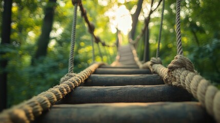 Close up of wooden handrails on ropes course amidst lush green forest with soft sunlight creating serene atmosphere and blank space for text