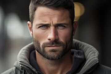 Obraz premium Ambitious Man: Closeup Portrait of a Serious and Motivated Man Standing Confidently in the City