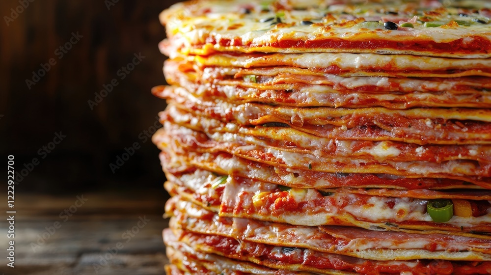 Aufkleber Large stack of delicious pizzas in a warm restaurant atmosphere with ample empty space for promotional text or menu display