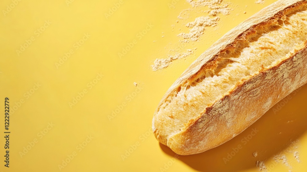Poster Freshly baked baguette on a yellow background with flour texture and space for text or branding for bakery or culinary projects