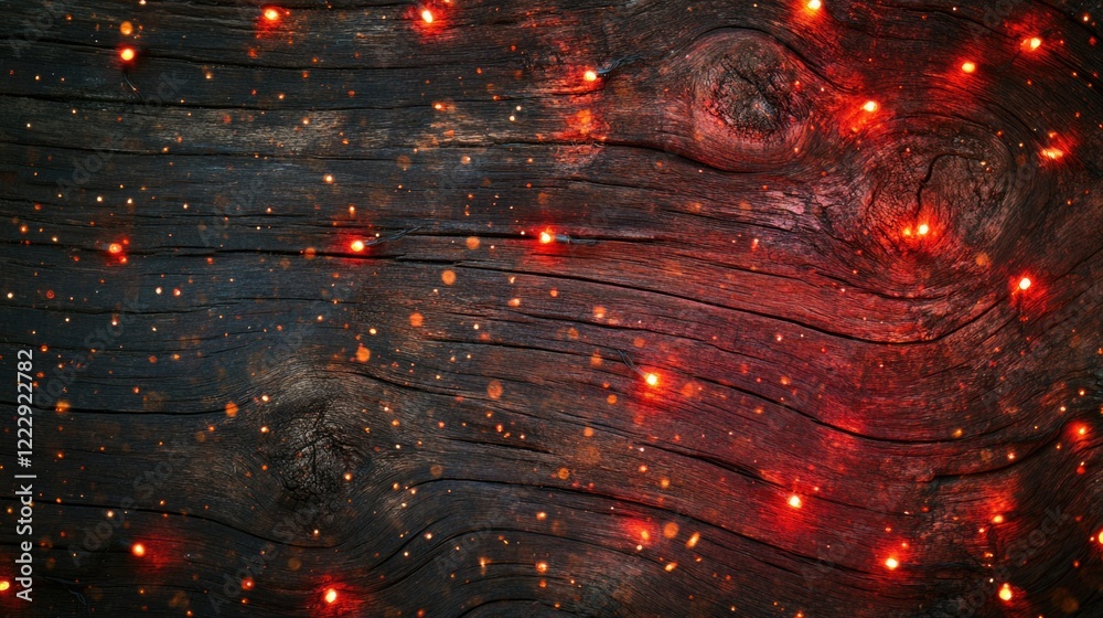 Poster Close up of glowing red Christmas lights on rustic wooden background with ample empty space for seasonal text or festive greetings