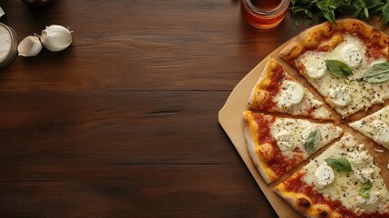 Happy people sharing pizza slices at a wooden table with fresh ingredients and empty space for customizable text or advertising messages