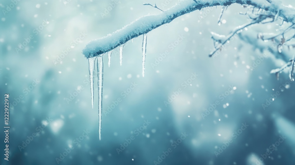 Aufkleber icicles hanging from a snow-covered branch in a serene winter landscape with soft blurred background