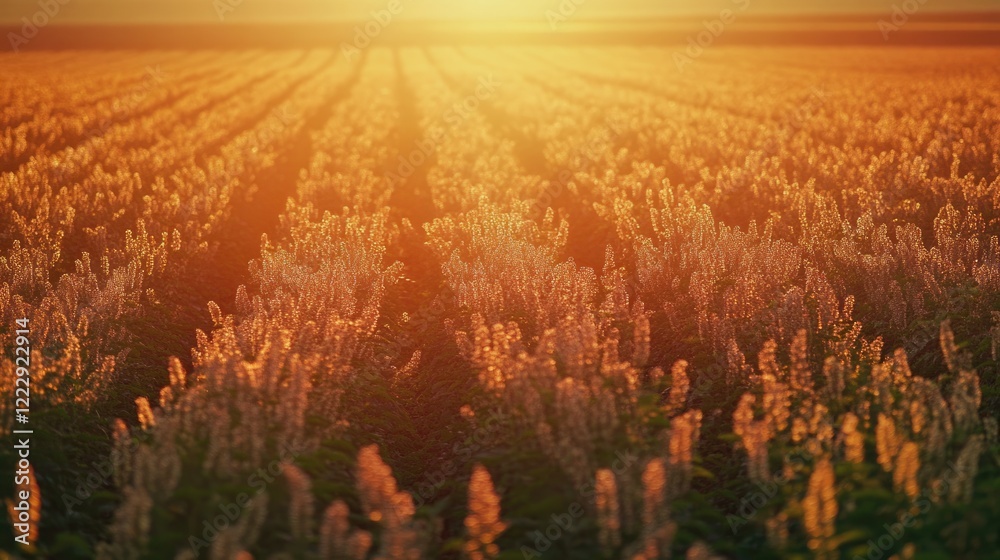 Poster sunset over hop fields with golden light illuminating empty space for text in a serene agricultural 