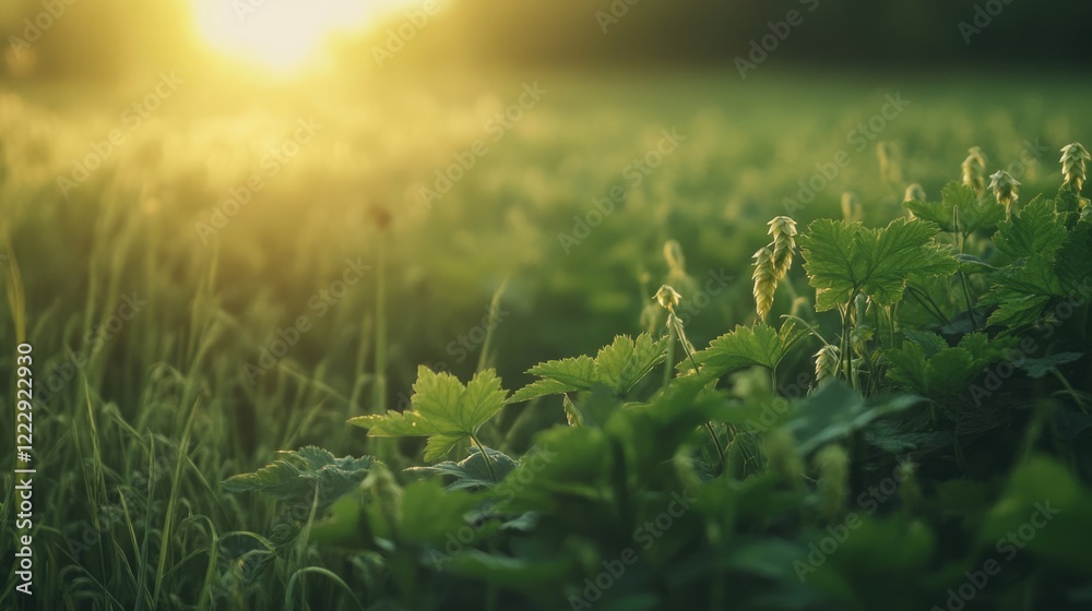 Poster close up of lush hop plants in a serene sunset field with soft golden light illuminating the landsca