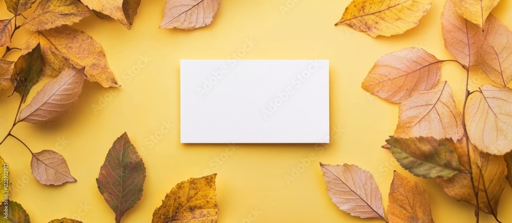 Poster minimalist business card mockup surrounded by autumn leaves on textured yellow background with empty