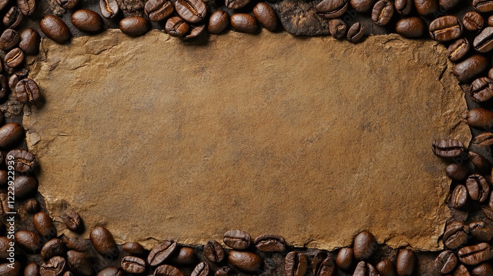 Poster close up of roasted coffee beans framed by natural texture with empty space for creative text or pro